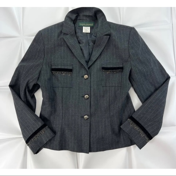 Harve Bernard Women Sz 14 Gray Pinstripe 100% WOOL Blazer Jacket l Velvet Fringe - Picture 1 of 9